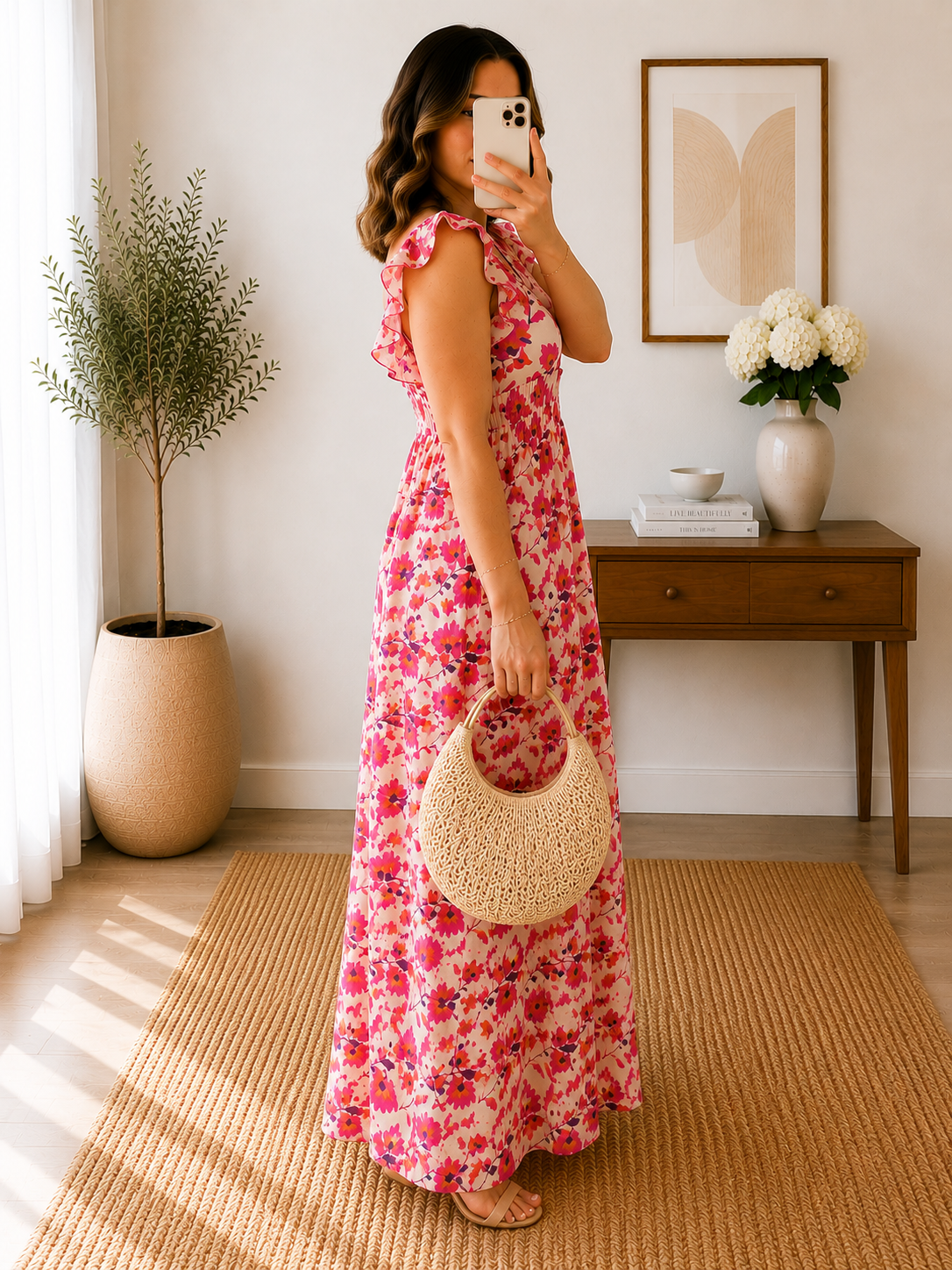 Robe Fleurie Rose Longue Col V