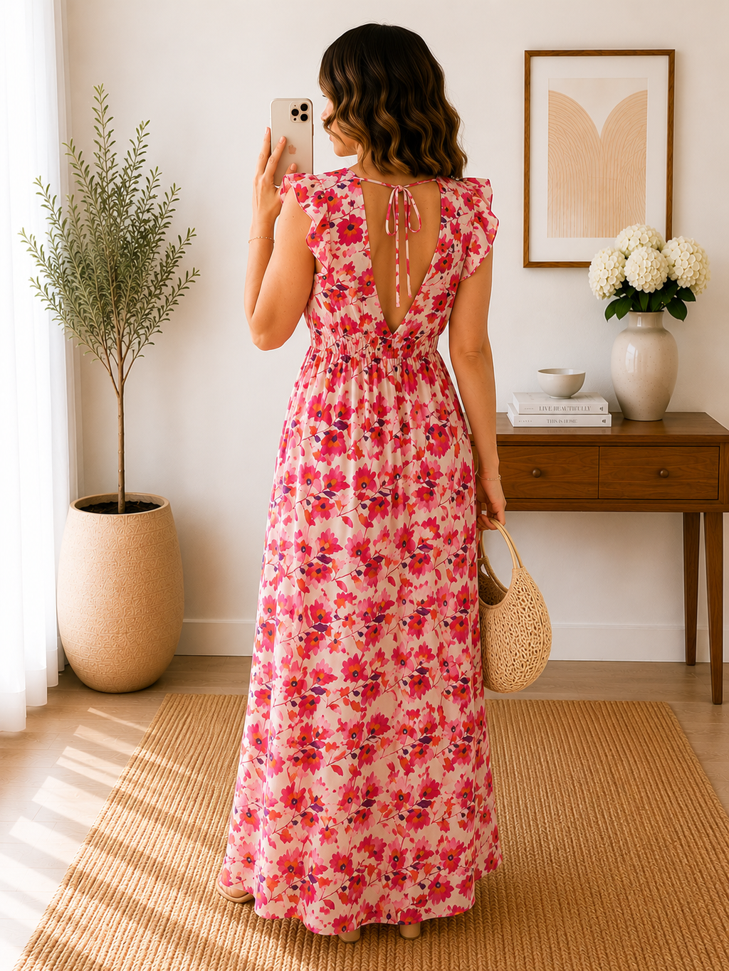 Robe Fleurie Rose Longue Col V