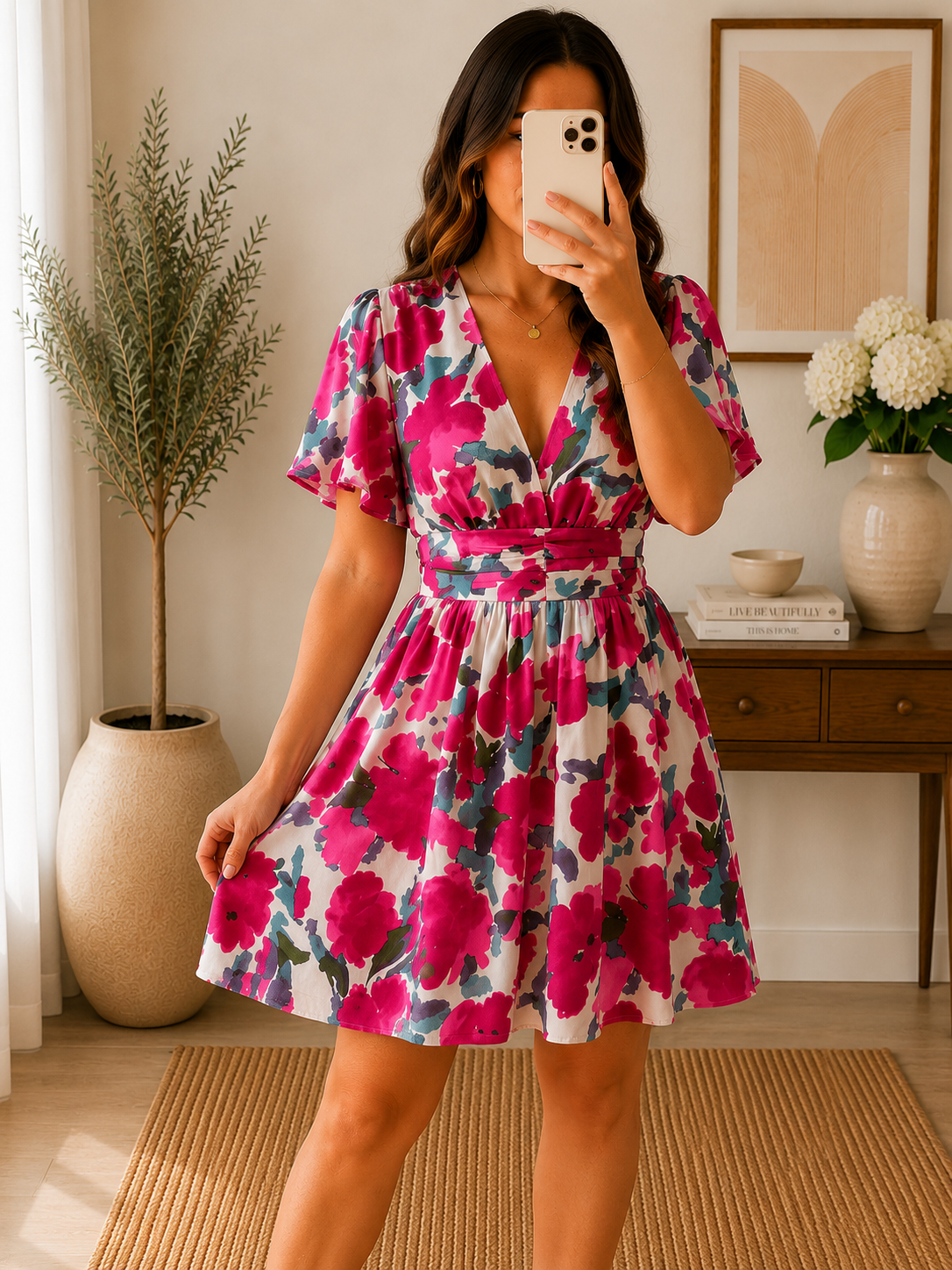 Robe Fleurie Rose à Ceinture
